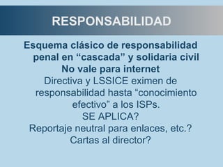RESPONSABILIDAD Esquema clásico de responsabilidad penal en “cascada” y solidaria civil No vale para internet Directiva y ...