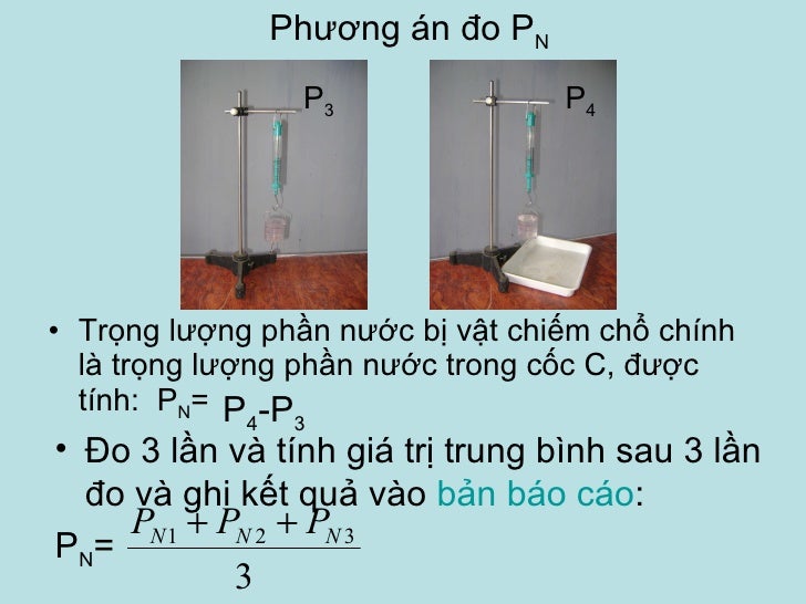 Kết quả hình ảnh cho Làm thế nào để đo được trọng lượng PN của lượng nước bị vật chiếm chỗ trong bình chia độ.