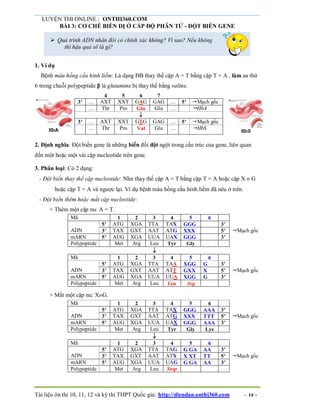 LUYỆN THI ONLINE : ONTHI360.COM
Tài liệu ôn thi 10, 11, 12 và kỳ thi THPT Quốc gia: http://diendan.onthi360.com - 14 -
BÀI 3: CƠ CHẾ BIẾN DỊ Ở CẤP ĐỘ PHÂN TỬ - ĐỘT BIẾN GENE
 Quá trình ADN nhân đôi có chính xác không? Vì sao? Nếu không
thì hậu quả sẽ là gì?
1. Ví dụ
Bệnh máu hồng cầu hình liềm: Là dạng ĐB thay thế cặp A = T bằng cặp T = A , làm aa thứ
6 trong chuỗi polypeptide β là glutamine bị thay thế bằng valine.
4 5 6 7
3’ … AXT XXT GAG GAG … 5’ Mạch gốc
… Thr Pro Glu Glu … HbA

3’ … AXT XXT GTG GAG … 5’ Mạch gốc
HbA … Thr Pro Val Glu … HbS
HbS
2. Định nghĩa: Đột biến gene là những biến đổi đột ngột trong cấu trúc của gene, liên quan
đến một hoặc một vài cặp nucleotide trên gene.
3. Phân loại: Có 2 dạng:
- Đột biến thay thế cặp nucleotide: Như thay thế cặp A = T bằng cặp T = A hoặc cặp X  G
hoặc cặp T = A và ngược lại. Ví dụ bệnh máu hồng cầu hình liềm đã nêu ở trên.
- Đột biến thêm hoặc mất cặp nucleotide:
+ Thêm một cặp nu: A = T.
Mã 1 2 3 4 5 6
5’ ATG XGA TTA TAX GGG 3’
ADN 3’ TAX GXT AAT ATG XXX 5’ Mạch gốc
mARN 5’ AUG XGA UUA UAX GGG 3’
Polypeptide Met Arg Leu Tyr Gly

Mã 1 2 3 4 5 6
5’ ATG XGA TTA TAA XGG G 3’
ADN 3’ TAX GXT AAT ATT GXX X 5’ Mạch gốc
mARN 5’ AUG XGA UUA UUA XGG G 3’
Polypeptide Met Arg Leu Leu Arg
+ Mất một cặp nu: XG.
Mã 1 2 3 4 5 6
5’ ATG XGA TTA TAX GGG AAA 3’
ADN 3’ TAX GXT AAT ATG XXX TTT 5’ Mạch gốc
mARN 5’ AUG XGA UUA UAX GGG AAA 3’
Polypeptide Met Arg Leu Tyr Gly Lys

Mã 1 2 3 4 5 6
5’ ATG XGA TTA TAG G GA AA 3’
ADN 3’ TAX GXT AAT ATX X XT TT 5’ Mạch gốc
mARN 5’ AUG XGA UUA UAG G GA AA 3’
Polypeptide Met Arg Leu Stop
 