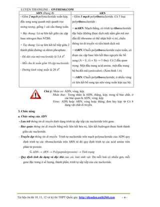 LUYỆN THI ONLINE : ONTHI360.COM
Tài liệu ôn thi 10, 11, 12 và kỳ thi THPT Quốc gia: http://diendan.onthi360.com - 6 -
ADN (Dạng B) ARN
- Gồm 2 mạch polynucleotide xoắn kép,
đều song song quanh một quanh trục
tưởng tượng, giống 1 cái cầu thang xoắn.
+ Bậc thang: Là sự liên kết giữa các cặp
base nitrogen theo NTBS.
+ Tay thang: Là sự liên kết kế tiếp giữa 2
thành phần đường và nhóm phosphate.
- Độ dài của một nucleotide là 3,4 A0
.
- Mỗi chu kì xoắn gồm 10 cặp nucleotide.
- Đường kính vòng xoắn là 20 A0
.
- Gồm 1 mạch polyribonucleotide. Có 3 loại
polyribonucleotide :
+ mARN: Mạch thẳng, có trình tự ribonucleotide
đặc hiệu (không được dịch mã) nằm gần mã mở
đầu để ribosome có thể nhận biết vị trí, chiều
thông tin di truyền và tiến hành dịch mã.
+ tARN: Chuỗi polyribonucleotide cuộn xoắn, có
đoạn các cặp base liên kết theo nguyên tắc bổ
sung (A = U, G  X) → 3 thuỳ. Có 2 đầu quan
trọng: Một đầu mang acid amine, một đầu mang
bộ ba đối mã (anticodon). (Xem hình 1.6)
+ rARN: Chuỗi polyribonucleotide, ở nhiều vùng
có liên kết bổ sung tạo nên vùng xoắn kép cục bộ.
Chú ý: Nhân sơ: ADN, vòng, kép.
Nhân thực: Trong nhân là ADN, thẳng, kép; trong tế bào chất, ở
các bào quan là ADN, vòng, kép.
Virus: ADN hoặc ARN; vòng hoặc thẳng; đơn hay kép  Có 8
dạng vật chất di truyền.
3. Chức năng
a. Chức năng của ADN
- Lưu trữ thông tin di truyền dưới dạng trình tự sắp xếp các nucleotide trên gene.
- Bảo quản thông tin di truyền bằng mối liên kết hóa trị, liên kết hydrogen được hình thành
giữa các nucleotide.
- Truyền đạt thông tin di truyền: Trình tự nucleotide trên mạch polynucleotide của ADN quy
định trình tự các ribonucleotide trên ARN từ đó quy định trình tự các acid amine trên
phân tử protein:
 ADN → ARN → Polypeptide(protein) → Tính trạng
- Quy định tính đa dạng và đặc thù của các loài sinh vật: Do mỗi loài có nhiều gen, mỗi
gene đặc trưng ở số lượng, thành phần, trình tự sắp xếp của các nucleotide.
 