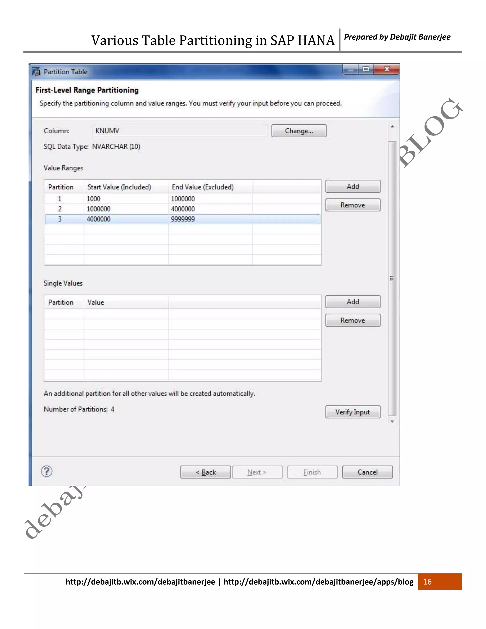 Various Table Partitioning in SAP HANA Prepared by Debajit Banerjee 
http://debajitb.wix.com/debajitbanerjee | http://debajitb.wix.com/debajitbanerjee/apps/blog 16 
 