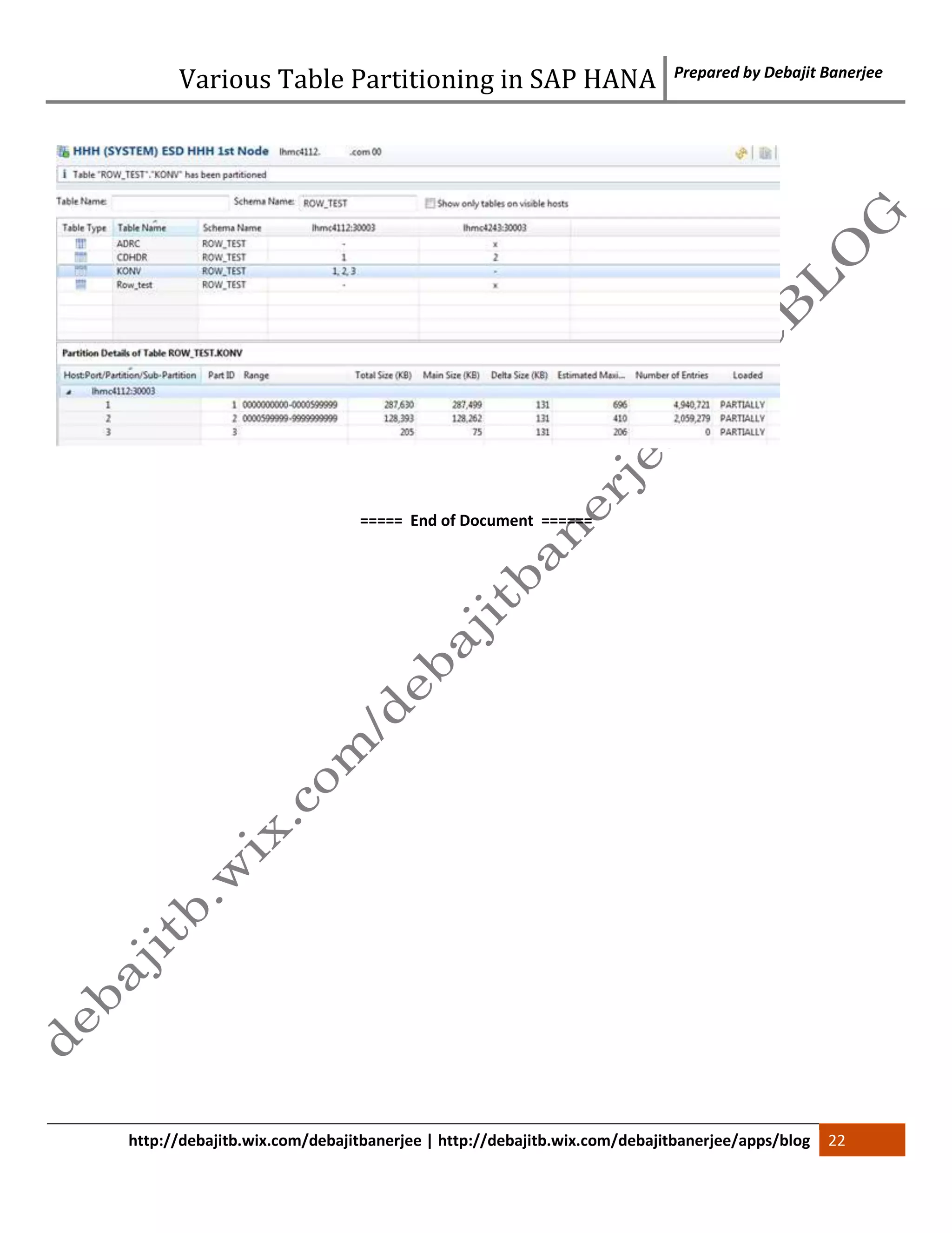 Various Table Partitioning in SAP HANA Prepared by Debajit Banerjee 
===== End of Document ====== 
http://debajitb.wix.com/debajitbanerjee | http://debajitb.wix.com/debajitbanerjee/apps/blog 22 
