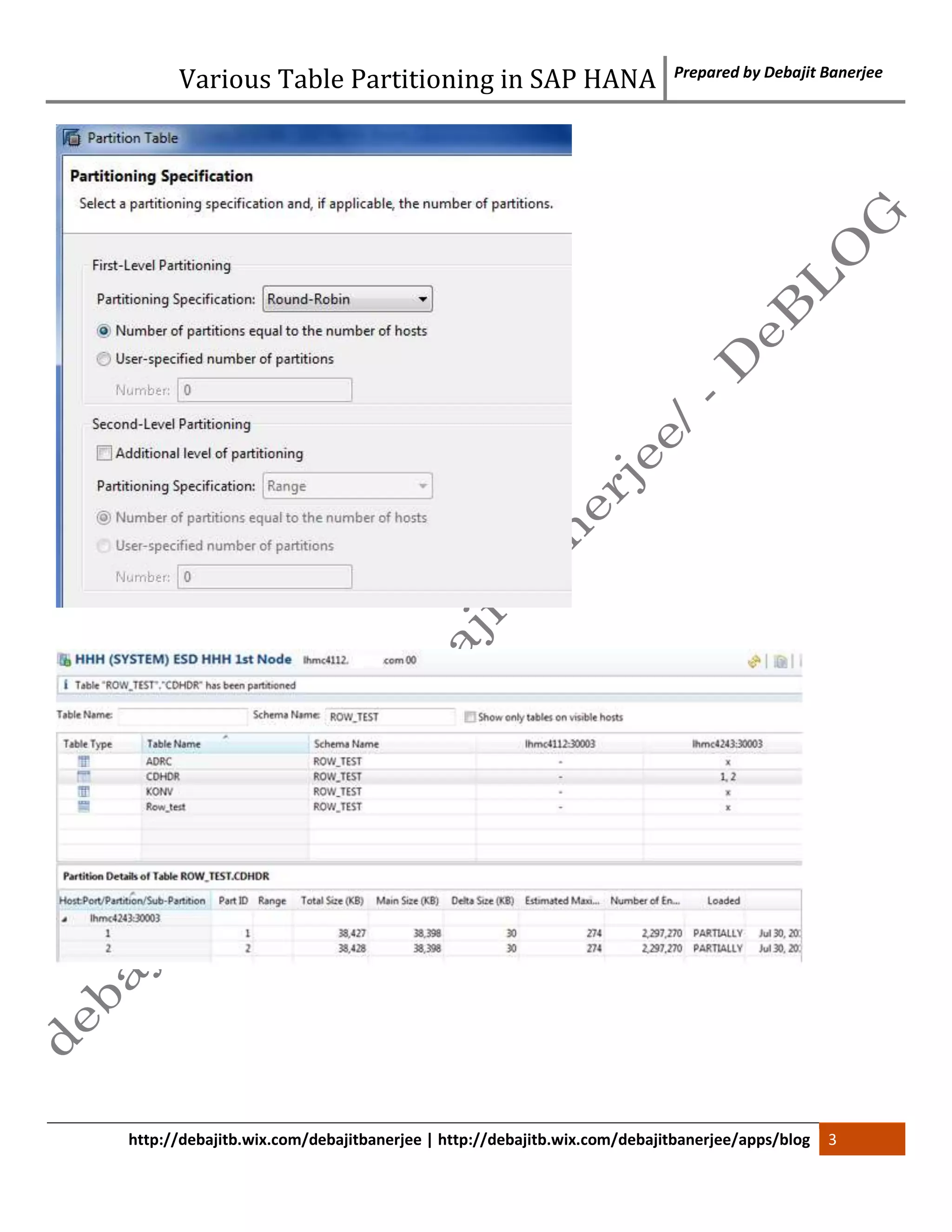 Various Table Partitioning in SAP HANA Prepared by Debajit Banerjee 
http://debajitb.wix.com/debajitbanerjee | http://debajitb.wix.com/debajitbanerjee/apps/blog 3 
 