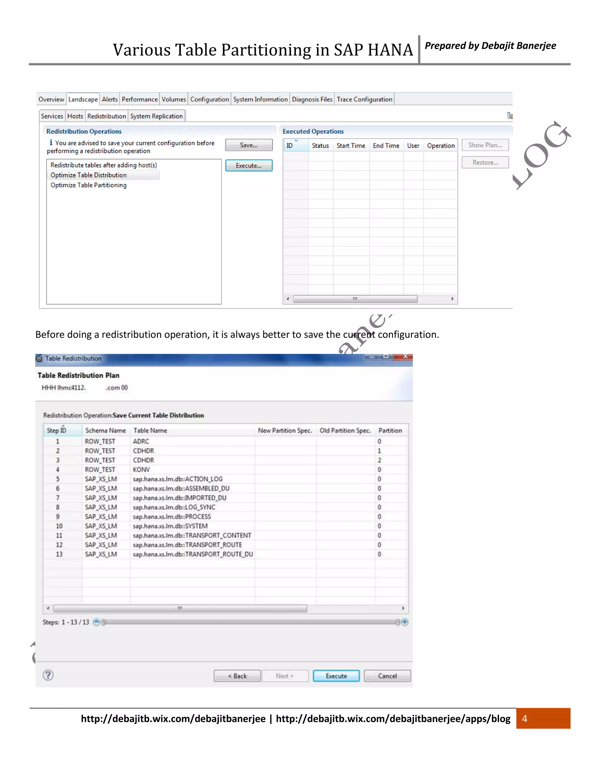 Various Table Partitioning in SAP HANA Prepared by Debajit Banerjee 
Before doing a redistribution operation, it is always better to save the current configuration. 
http://debajitb.wix.com/debajitbanerjee | http://debajitb.wix.com/debajitbanerjee/apps/blog 4 
 