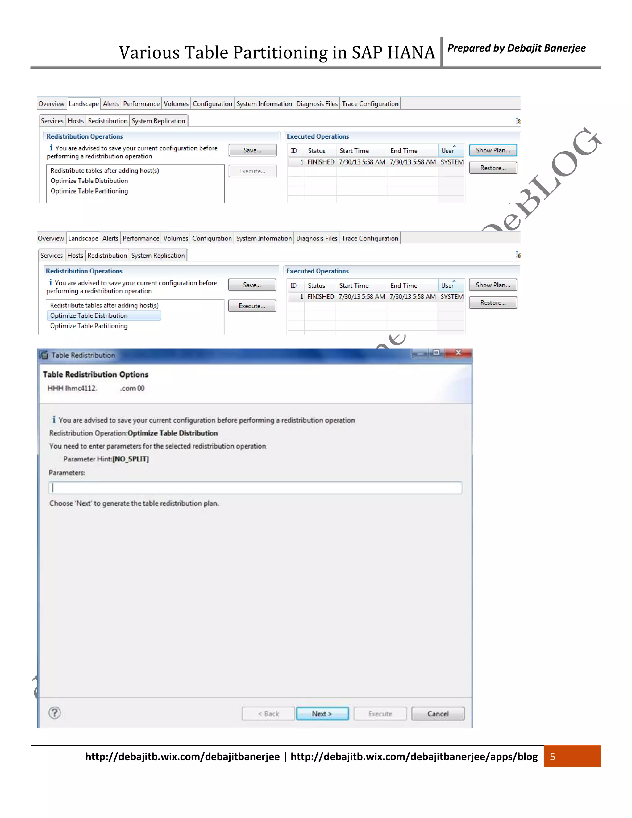 Various Table Partitioning in SAP HANA Prepared by Debajit Banerjee 
http://debajitb.wix.com/debajitbanerjee | http://debajitb.wix.com/debajitbanerjee/apps/blog 5 
 