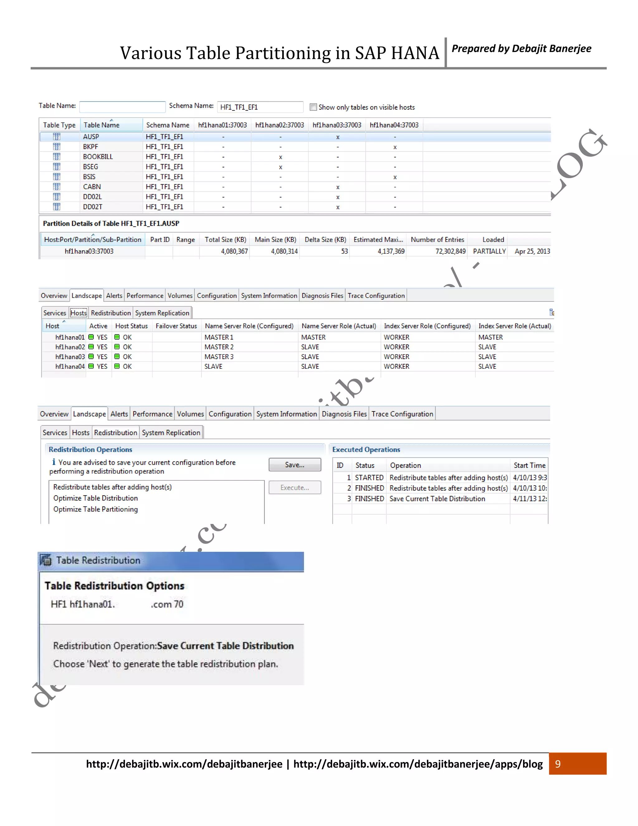 Various Table Partitioning in SAP HANA Prepared by Debajit Banerjee 
http://debajitb.wix.com/debajitbanerjee | http://debajitb.wix.com/debajitbanerjee/apps/blog 9 
 