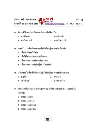 รหัสวิชา 02 สังคมศึกษาฯ หนา
วันเสารที่ 20 กุมภาพันธ 2553 เวลา 08.30 - 10.30 น.
11
32. วิพากษวิธีทางประวัติศาสตรหมายถึงวิธีการใด
1. การตีความ 2. การประเมิน
3. การวิเคราะห 4. การสังเคราะห
33. การสรางงานศิลปกรรมของโรมันมีจุดมุงหมายใดเปนหลัก
1. เพื่อประโยชนใชสอย
2. เพื่อใชในการประกอบพิธีกรรม
3. เพื่อแสดงความศรัทธาตอศาสนา
4. เพื่อแสดงความยิ่งใหญของจักรวรรดิ
34. นวัตกรรมใดที่ทําใหเกิดการปฏิวัติภูมิปญญาของชาติตะวันตก
1. ปฏิทิน 2. กระดาษ
3. แทนพิมพ 4. นาฬิกากลไก
35. อาณาจักรโบราณในดินแดนสุวรรณภูมิไดรับอิทธิพลจากอารยธรรมใด
มากที่สุด
1. อารยธรรมจีน
2. อารยธรรมขอม
3. อารยธรรมอินเดีย
4. อารยธรรมอิสลาม
 