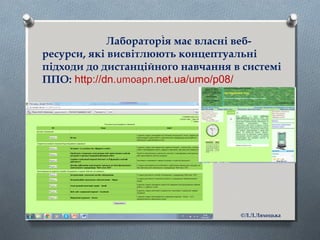 .
Лабораторія має власні веб-
ресурси, які висвітлюють концептуальні
підходи до дистанційного навчання в системі
ППО: http://dn.umoapn.net.ua/umo/p08/
©Л.Л.Ляхоцька
 
