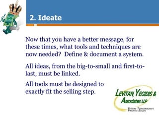 2. Ideate Now that you have a better message, for these times, what tools and techniques are now needed?  Define & document a system. All ideas, from the big-to-small and first-to-last, must be linked. All tools must be designed to exactly fit the selling step. 