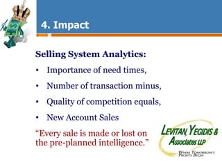 4. Impact Selling System Analytics: Importance of need times, Number of transaction minus, Quality of competition equals, New Account Sales “ Every sale is made or lost on the pre-planned intelligence.” 