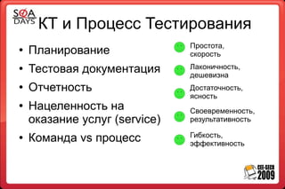 КТ и Процесс Тестирования
                               Простота,
●   Планирование               скорость
●   Тестовая документация      Лаконичность,
                                Упрощается
                               дешевизна
●   Отчетность                 Достаточность,
                               ясность
●   Нацеленность на            Своевременность,
    оказание услуг (service)   результативность

●   Команда vs процесс         Гибкость,
                               эффективность
 