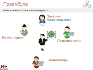 Преамбула
А вам приходилось быть в такой ситуации?
Заказчик:
Какое покрытие?
Автотестеры:
Программисты:
Мануальщики:
Я:
 