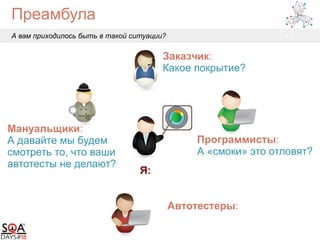 Преамбула
А вам приходилось быть в такой ситуации?
Заказчик:
Какое покрытие?
Автотестеры:
Программисты:
А «смоки» это отловят?
Мануальщики:
А давайте мы будем
смотреть то, что ваши
автотесты не делают?
Я:
 