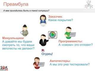 Преамбула
А вам приходилось быть в такой ситуации?
Заказчик:
Какое покрытие?
Автотестеры:
А мы это уже тестировали?
Программисты:
А «смоки» это отловят?
Мануальщики:
А давайте мы будем
смотреть то, что ваши
автотесты не делают?
Я:
Огурец!
 