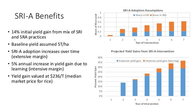 SRI-A Benefits
• 14% initial yield gain from mix of SRI
and SRA practices
• Baseline yield assumed 5T/ha
• SRI-A adoption ...