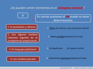 ¿Se pueden omitir elementos en el sintagma nominal?

             Sí                En ciertas ocasiones el SN puede no tener
                                             determinantes:

1. En proverbios y refranes           1. Obras son amores, que no buenas razones

2. Con algunos nombres
colectivos seguidos de un              2. Había cantidad de gente en el cine
complemento preposicional

                                      3. Se alquila piso    Se reparan coches
 3. En lenguaje publicitario


  4. Con nombres plurales             4. Comeremos manzanas después de cazar



                                                    Copyright 2013   Jesús Lorenzo Vieites
 