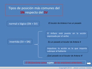 Tipos de posición más comunes del
        SN respecto del SV


normal o lógico (SN + SV)          El locutor de Antena 4 es un pesado




                                  El énfasis está puesto en la acción
                                  expresada por el verbo

invertida (SV + SN)                Es un pesado el locutor de Antena 4


                                  Impulsiva: la acción es lo que importa
                                  subrayar al hablante
                                  ¡Qué pesado es el locutor de Antena 4!


              El SN funciona como sujeto de las oraciones anteriores…
                                              Copyright 2013   Jesús Lorenzo Vieites
 