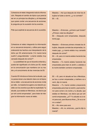 Cohesiona el relato integrando toda la informa-       Maestra: —Así que después de mirar los di-
ción. Respeta el cambio de tópico que parecía         bujitos te fuiste a dormir, ¿y no comiste?
ser en un principio los dibujitos y, al interpretar   Eli: —Sí.
que quiere contar una secuencia de acciones,
le pregunta por la sucesión de los eventos.


Pide que explicite la secuencia de lo sucedido.       Maestra: —Entonces, ¿primero qué hiciste?
                                                      ¿Primero viste los dibujitos?
                                                      Eli: —Después comí empanadas, después
                                                      tomé jugo.


Cohesiona el relato integrando la información         Maestra: —Entonces primero miraste los di-
en su secuencia temporal, y utiliza para seguir       bujitos, después comiste las empanadas, to-
ordenando los hechos una interpretación de lo         maste jugo, ¿y mamá estaba muy cansada
dicho por Eli anteriormente (“mi mamá tenía           después de comer?
sueño”) preguntándole: “¿mamá estaba muy              Eli: —Sí, pero mi mamá estaba haciendo las
cansada después de comer?”.                           empanadas.
   La posibilidad de que el docente entienda y        Maestra: —Tu mamá estaba haciendo las
pueda dar significado a lo dicho por Eli, reside      empanadas para traer al Jardín y ustedes a
en la comunicación que mantiene con su ma-            la noche también comieron empanadas.
dre y el conocimiento de las vivencias de Eli.


Cuando Eli introduce el tema de la abuela, que        Eli: —Sí, pero mi abuela se fue a Mendoza,
no parece tener una relación clara con el tópico      se fue a comer empanadas y mañana va a
de su relato –una secuencia de acciones vivida        venir, dijo mi mamá.
por ella–, la maestra le sugiere una relación po-     Maestra: —Tu mamá estaba preparando
sible con los eventos que ella ha explicitado “tu     empanadas para traer al Jardín y aprovecha-
abuela, que estaba en Mendoza, vos decís que          ron para comer a la noche y tu abuela, que
por ahí comió empanadas”, para tratar de inte-        estaba en Mendoza, vos decís que por ahí
grar la información nueva al relato.                  comió empanadas, ¿sí? Y tu abuela va a ve-
                                                      nir para acá, para Buenos Aires. ¿Te va a ve-
                                                      nir a visitar?
                                                      Eli: —No viene para acá.
                                                      Maestra: —Ah, no, entonces, ¿qué te dijo tu
                                                      mamá?




 160
 