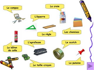 Le bâton  de colle L’agrafeuse Le taille-crayon La punaise Le scotch La craie Les chemises Le compas L’équerre La règle 