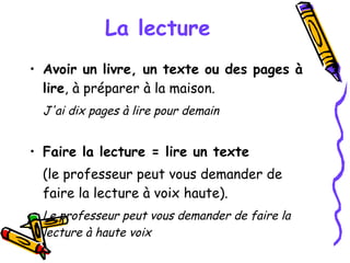 La lecture Avoir un livre, un texte ou des pages à lire , à préparer à la maison. J'ai dix pages à lire pour demain Faire la lecture = lire un texte   (le professeur peut vous demander de faire la lecture à voix haute). Le professeur peut vous demander de faire la lecture à haute voix 
