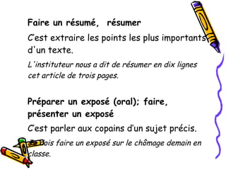 Faire un résumé,  résumer   C’est extraire les points les plus importants d'un texte. L'instituteur nous a dit de résumer en dix lignes cet article de trois pages. Préparer un exposé (oral); faire, présenter un exposé C’est parler aux copains d’un sujet précis . Je dois faire un exposé sur le chômage demain en classe. 