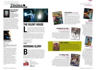 Cinéma
   Cinéma                                                                                                                                                                                                                                Culture
                                                                                                                                                                                                                                            Culture
                            JOnathan Guez - Jean-miChel CathelOtte



                       devil (the night
                       chronicles 1)
                       Fantastique                                                                                                                                                 trans espèces apocalypse
                       De John Erick Dowdle                                                                                                                                        De Martes Bathori, chez Les Requins Marteaux,
                       Avec Chris Messina, Logan                                                                                                                                   22 euros
                       Marshall-Green, Geoffrey                                                                                                                                    comment dire ? cette œuvre, c’est comme la Pla-
                       Arend, Bojana Novakovic…                                                                                                                                    nète des singes de Pierre Boulle vous voyez, mais
                       20 avril 2010                                                                                                                                               avec… des porcs. Oui, c’est exactement ça ! Des
Ça commence comme une histoire drôle : cinq                                                                                                                                        cochons de tout genre qui en ont marre de se faire
personnes sont coincées dans un ascenseur… et                                                                                                                                      massacrer dans les abattoirs, qui finissent par
                                                                                                                                                                                   prendre le pouvoir (ou presque) sur terre et qui
puis ça se gâte : l’une d’entre elles est le Diable
en personne ; qui est-ce et qui survivra ? Produit                                                                                                                                 parlent notre langue ! seule l’imagination loufoque                      worlds
et co-écrit par m. night shyamalan, Devil est                                                                                                                                      et totalement foutraque de martes Bathori (utopia                   and wonders
                                                                                                                                                                                   porcina, l’ile du Doktor more O) pouvait donner ce                  De Aleksi Briclot, chez


                                                           the silent house
le premier des night chronicles, une série de
films fantastiques qu’il écrira et produira. et                                                                                                                                    résultat, et c’est pour ça qu’on l’aime !                             Ankama, 34.90 euros
si c’est assez inoffensif (fans de gore, passez                                                                                                                                                                                            son nom ne vous dit peut-être pas




                                                           l
votre chemin) et un peu trop didactique (une                                                                                                                                                                                                grand-chose, mais aleksi Briclot
explication inutile en début de film, qui aurait pu                                                                                                                                                                                         est purement et simplement l’un
gâcher tout l’intérêt du film), Devil n’en est pas                      aura et son père sont embauchés pour faire quelques                                                                                                                   des artistes les plus talentueux
moins diablement efficace (oui, je sais, elle était                     travaux dans une maison abandonnée sans électricité.                          showman Killer, tome 1 :                                                               dans le domaine de l’illustration
facile celle-là !)                                                      ils doivent s’occuper du bas, et surtout ne jamais mon-
                                                                        ter à l’étage. le soleil se couche et laura commence à
                                                                                                                                                         un héros sans coeur                                                                    fantastique et de science-fic-
                                                                                                                                                                                                                                                tion. marvel, spawn, World of
                                                                        entendre d’étranges bruits au plafond. terrorisée, elle                                D’Alejandro Jodorowsky et Fructus,                                              Warcraft, magic the Gathering
                                                                        convainc son père de monter. Dans l’obscurité, seule,                                           chez Delcourt, 13.95 euros                                             et splinter cell sont autant de
                                                           laura vivra l’horreur.                                                       showman Killer a été élevé dans un seul et unique but :                                            références pour lesquelles Briclot
                                                           Deuxième long-métrage entièrement tourné en plans-séquences,                 devenir le tueur le plus puissant de l’univers. Pour cela,                                            a collaboré. courez acheter cet
                                                           la casa muda (titre original) nous fait vivre les peurs de laura en       tout ce qui pourrait être source d’attache ou de dépendan-                                               art-book, vous allez en prendre
                                                           temps réel. techniquement admirable - réalisé de plus avec à un              ce lui a été retiré : famille, amis, affection. et le résultat                                              plein les mirettes… Juré…
                                                           appareil photo-caméra - le film fait peur, surprend et se trouve           ne se fait pas attendre… le prolifique Jodorowsky amorce
                                                           être assez original dans son dénouement. attention, la dernière              la première partie d’un diptyque qui tourne autour d’un
                                                           séquence du film - très inquiétante - se situe après le générique.                       personnage autant captivant que repoussant.

                                                           film d’épouvante uruguayen
numero quatre                                              de gustavo hernandez,
                                                           avec florence colucci, gus-
Action/Fantastique                                         tavo alonso, aBel tripaldi                                                                               roBot, volume 5
USA                                                        16 mars                                                                                                  Collectif, chez Glénat, 22.99 euros
De D.J. Caruso                                                                                                                                                      la série robot a dépassé depuis longtemps le phénomène


                                                           morning glory
Avec Alex Pettyfer, Dianna Agron, Timothy                                                                                                                           du « simple » succès pour rentrer dans le cercle fermé des
Olyphant, Kevin Durand, Teresa Palmer…
6 avril
                                                                                                                                                                    œuvres incontournables. même si chaque sortie offre son lot de                     sophia liBère
                                                                                                                                                                    dessins et d’histoires originales, les connaisseurs s’accordent
                                                                                                                                                                                                                                                               paris




                                                           B
trois sont déjà morts et il est le quatrième                                                                                                                        à dire que chaque opus est marqué du sceau d’une esthétique
des neuf aliens ayant fui leur monde pour                                                                                                                           remarquable et remarquée. À figurer dans toute bédéthèque qui                 De Libon et Capucine, chez
échapper à un génocide. mais la race qui                                  ecky Fuller, jeune productrice tV de new york, reprend                                    se respecte.                                                                        Delcourt, 13,95 euros
les poursuit les a retrouvés sur terre et                                 la matinale la moins regardée de la télévision. Pour                                                                                                                Paris, 1870. alors que la France
compte bien terminer son œuvre. mais                                      donner un coup de pouce à l’émission, elle engage un                                                                                                                et la Prusse sont en guerre, une
cette fois, il ne veut plus fuir. Dans la série                           journaliste légendaire de la chaîne, dont le charisme                                                                                                            demoiselle aux formes généreuses
future-franchise-d’action-fantastique-                                    n’a d’égal que les caprices, et qui entretient des re-                                                                                                              et aux mœurs tumultueuses est
pour-teenagers-basée-sur-une-série-de-                                    lations avec sa partenaire à l’écran pour le moins éle                                                                                                           chargée de récupérer les plans des
livres-à-succès (the lorien                                ctriques. le scénariste de le Diable s’habille en Prada, le réalisateur                              la 6e heure, tome 1 :                                                      égouts de la capitale afin de sauver
legacies), numéro Quatre fonctionne                        de coup de foudre à notting Hill, un casting de stars, tout est là pour                                    dernier corps                                                         son pays de l’ennemi envahissant.
très bien (mieux que Jumper, dans le                       faire de morning Glory une réussite. On regrettera juste que les jou-                  De Nicolas Pona et Juan Ferreyra, chez Soleil,                                            Pour cela, sophia, de son prénom,
même genre), avec des scènes d’action                      tes verbales entre Ford et Keaton ne soit pas plus « méchantes ».                                                           13.50 euros                                           devra braver les obstacles qui se
bien torchées, et des personnages                                                                                                              alors qu’elle est libérée de la prison W. Philips, la                                               dresseront devant elle… les
attachants. ce n’est pas du grand cinéma                                                                                                  voluptueuse samaëlle est attendue par une petite fille                                                   femmes en premier… Petite
                                                                                comédie
(et ne cherche pas à l’être non plus), mais                                     usa                                                    qui lui saute dans les bras. celles-ci sont sur le point de                                                      précision, le monde est
ça remplit bien son contrat, c’est très                                         de roger michell                                        rejoindre une vieille femme qui patiente tranquillement                                                      gouverné par les femmes,
distrayant et on passe un bon moment…                                           avec rachel mcadams,                                  dans une belle limousine à quelques pas de là. Jusqu’ici,                                                        dont la plupart sont des
J’irai même jusqu’à dire : « Vivement la                                        harrison ford, diane Keaton,                             rien de bien anormal. Pourtant, ensemble, elles seront                                                       anciennes connaissances
suite » !                                                                       patricK wilson, jeff gold-                            coupables de bien des méfaits aux yeux de la police et de                                                      de notre héroïne. Délirant
                                                                                Blum…                                                  l’eglise… un premier épisode prometteur de la dernière                                                                         à souhait !
                                                                                6 avril 2011                                                       série en date des carnets secrets du Vatican.


10 / camPus lycée - PrintemPs -2011                                                                                                                                                                                                   PrintemPs 2011 - camPus lycée / 11
 