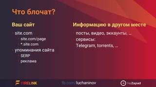 Что блочат?
• site.com
• site.com/page
• *.site.com
• упоминания сайта
• SERP
• реклама
Ваш сайт
• посты, видео, эккаунты, …
• сервисы:
Telegram, torrents, …
Информацию в другом месте
 