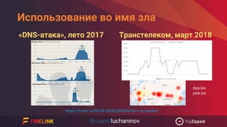 Использование во имя зла
«DNS-атака», лето 2017 Транстелеком, март 2018
https://roem.ru/10-04-2018/269559/rkn-i-ip-yandex/
tlpp.biz
piek.biz
 