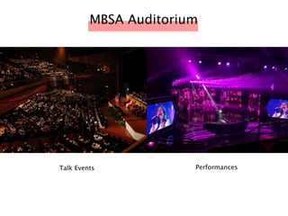 MBSA Auditorium
Talk Events Performances
 