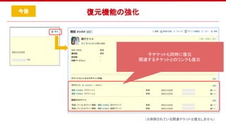 復元機能の強化
子チケットも同時に復元  
関連するチケットとのリンクも復元  
（※削除されている関連チケットは復元しません）  
今後 
 