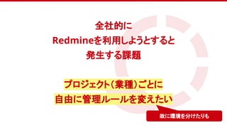 　
全社的に
Redmineを利用しようとすると
発生する課題
プロジェクト（業種）ごとに
自由に管理ルールを変えたい
故に環境を分けたりも
 