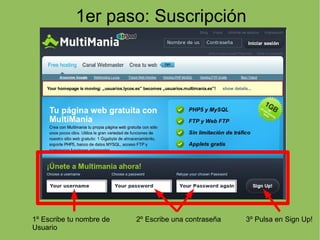 1er paso: Suscripción 1º Escribe tu nombre de Usuario 2º Escribe una contraseña 3º Pulsa en Sign Up! 