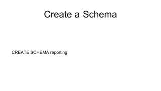 Create a Schema
CREATE SCHEMA reporting;
 