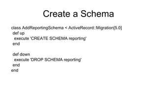 Create a Schema
class AddReportingSchema < ActiveRecord::Migration[5.0]
def up
execute 'CREATE SCHEMA reporting'
end
def down
execute 'DROP SCHEMA reporting'
end
end
 