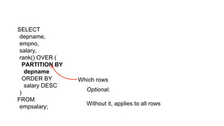 SELECT
depname,
empno,
salary,
rank() OVER (
PARTITION BY
depname
ORDER BY
salary DESC
)
FROM
empsalary;
Which rows
Optional.
Without it, applies to all rows
 