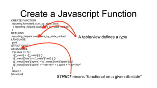 Create a Javascript FunctionCREATE FUNCTION
reporting.formatted_cust_by_state_bold(
c reporting_helpers.customers_by_state_ranked
)
RETURNS
reporting_helpers.customers_by_state_ranked
LANGUAGE
plv8
STRICT COST 1
AS $function$
if (c.rank == 1) {
c['_meta'] = c['_meta'] || {}
c['_meta']['raw'] = c['_meta']['raw'] || {}
c['_meta']['raw']['spent'] = c['_meta']['raw']['spent'] || {}
c['_meta']['raw']['spent'] = "<td><b>" + c.spent + "</b></td>"
}
return c
$function$
A table/view defines a type
STRICT means “functional on a given db state”
 