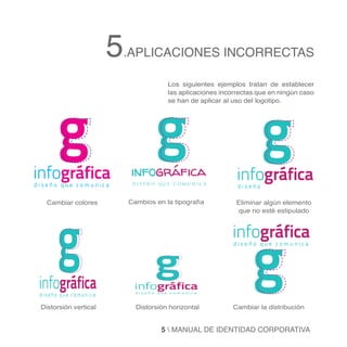 5.APLICACIONES INCORRECTAS
                                     Los siguientes ejemplos tratan de establecer




       g                         g                                  g
                                     las aplicaciones incorrectas que en ningún caso
                                     se han de aplicar al uso del logotipo.




infográfica
diseño que comunica
                          infográfica
                          diseño que comunica
                                                           infográfica
                                                           diseño




      g
   Cambiar colores       Cambios en la tipografía          Eliminar algún elemento
                                                           que no esté estipulado




                                                                g
                                                         infográfica
                                 g
                                                          diseño que comunica




 infográfica
 diseño que comunica
                          infográfica
                           diseño que comunica



 Distorsión vertical       Distorsión horizontal         Cambiar la distribución


                                   5  MANUAL DE IDENTIDAD CORPORATIVA
 