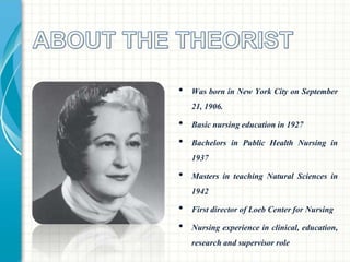 • Was born in New York City on September 
21, 1906. 
• Basic nursing education in 1927 
• Bachelors in Public Health Nursing in 
1937 
• Masters in teaching Natural Sciences in 
1942 
• First director of Loeb Center for Nursing 
• Nursing experience in clinical, education, 
research and supervisor role 
 