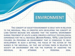 THE CONCEPT OF SOCIETY/ENVIRONMENT IS DEALT WITH IN RELATION 
TO THE INDIVIDUAL. HALL IS CREDITED WITH DEVELOPING THE CONCEPT OF 
LOEB CENTER BECAUSE SHE ASSUMED THAT THE HOSPITAL ENVIRONMENT 
DURING TREATMENT OF ACUTE ILLNESS CREATES A DIFFICULT PSYCHOLOGICAL 
EXPERIENCE FOR THE ILL INDIVIDUAL (BOWAR-FERRES, 1975). LOEB CENTER 
FOCUSES ON PROVIDING AN ENVIRONMENT THAT IS CONDUCIVE TO SELF-DEVELOPMENT. 
IN SUCH A SETTING, THE FOCUS OF THE ACTION OF THE 
NURSES IS THE INDIVIDUAL, SO THAT ANY ACTIONS TAKEN IN RELATION TO 
SOCIETY OR ENVIRONMENT ARE FOR THE PURPOSE OF ASSISTING THE 
INDIVIDUAL IN ATTAINING A PERSONAL GOAL. 
 