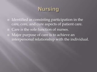 NursingIdentified as consisting participation in the care, core, and cure aspects of patient care.Care is the sole function of nurses.Major purpose of care is to achieve an interpersonal relationship with the individual.