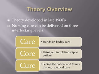 Theory OverviewTheory developed in late 1960’sNursing care can be delivered on three interlocking levels
