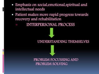  Emphasis on social,emotional,spiritual and
intellectual needs
 Patient makes more rapid progress towards
recovery and rehabilitation
 INTERPERSONAL PROCESS
UNDERSTANDING THEMSELVES
PROBLEM FOCUSSING AND
PROBLEM SOLVING
 