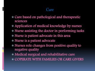 Cure
Care based on pathological and therapeutic
sciences
Application of medical knowledge by nurses
Nurse assisting the doctor in performing tasks
Nurse is patient advocate in this area
Nurse is a patient advocate
Nurses role changes from positive quality to
negative quality
Medical surgical and rehabilitative care
COPERATE WITH FAMILIES OR CARE GIVERS
 