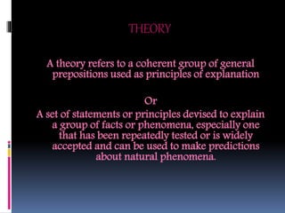 THEORY
A theory refers to a coherent group of general
prepositions used as principles of explanation
Or
A set of statements or principles devised to explain
a group of facts or phenomena, especially one
that has been repeatedly tested or is widely
accepted and can be used to make predictions
about natural phenomena.
 