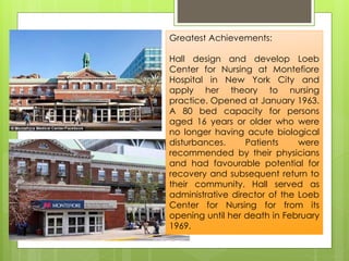 Greatest Achievements:
Hall design and develop Loeb
Center for Nursing at Montefiore
Hospital in New York City and
apply her theory to nursing
practice. Opened at January 1963.
A 80 bed capacity for persons
aged 16 years or older who were
no longer having acute biological
disturbances. Patients were
recommended by their physicians
and had favourable potential for
recovery and subsequent return to
their community. Hall served as
administrative director of the Loeb
Center for Nursing for from its
opening until her death in February
1969.
 