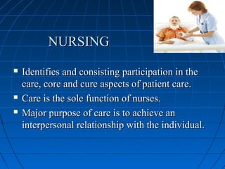 NURSINGNURSING
 Identifies and consisting participation in theIdentifies and consisting participation in the
care, core and cure aspects of patient care.care, core and cure aspects of patient care.
 Care is the sole function of nurses.Care is the sole function of nurses.
 Major purpose of care is to achieve anMajor purpose of care is to achieve an
interpersonal relationship with the individual.interpersonal relationship with the individual.
 