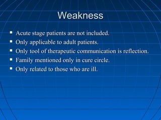 WeaknessWeakness
 Acute stage patients are not included.Acute stage patients are not included.
 Only applicable to adult patients.Only applicable to adult patients.
 Only tool of therapeutic communication is reflection.Only tool of therapeutic communication is reflection.
 Family mentioned only in cure circle.Family mentioned only in cure circle.
 Only related to those who are ill.Only related to those who are ill.
 