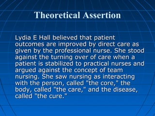 Theoretical Assertion
Lydia E Hall believed that patientLydia E Hall believed that patient
outcomes are improved by direct care asoutcomes are improved by direct care as
given by the professional nurse. She stoodgiven by the professional nurse. She stood
against the turning over of care when aagainst the turning over of care when a
patient is stabilized to practical nurses andpatient is stabilized to practical nurses and
argued against the concept of teamargued against the concept of team
nursing. She saw nursing as interactingnursing. She saw nursing as interacting
with the person, called "the core," thewith the person, called "the core," the
body, called "the care," and the disease,body, called "the care," and the disease,
called "the cure."called "the cure."
 
