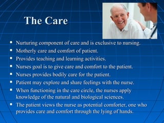 The CareThe Care
 Nurturing component of care and is exclusive to nursing.Nurturing component of care and is exclusive to nursing.
 Motherly care and comfort of patient.Motherly care and comfort of patient.
 Provides teaching and learning activities.Provides teaching and learning activities.
 Nurses goal is to give care and comfort to the patient.Nurses goal is to give care and comfort to the patient.
 Nurses provides bodily care for the patient.Nurses provides bodily care for the patient.
 Patient may explore and share feelings with the nurse.Patient may explore and share feelings with the nurse.
 When functioning in the care circle, the nurses applyWhen functioning in the care circle, the nurses apply
knowledge of the natural and biological sciences.knowledge of the natural and biological sciences.
 The patient views the nurse as potential comforter, one whoThe patient views the nurse as potential comforter, one who
provides care and comfort through the lying of hands.provides care and comfort through the lying of hands.
 