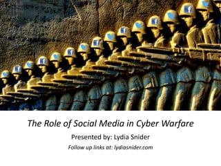 The Role of Social Media in Cyber Warfare
Presented by: Lydia Snider
Follow up links at: lydiasnider.com
 